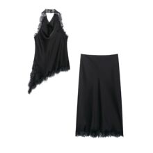 外贸批发夏季新款欧美风挂脖领蕾丝上衣5919204丝缎质感半身裙