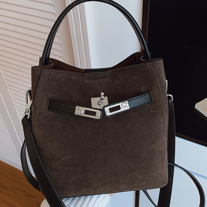 Korean Style Yuozi Satchel Bucket Bag for Women 2025 Autumn and Winter New Suede Shoulder Bag Simple and Fashionable Crossbody Bag