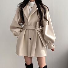 韩版春秋新款复古妮子大风衣收腰宽松小个子毛呢外套女装