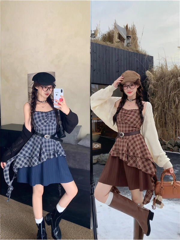 胖mm韩系辣妹时尚格纹女秋季新款收腰显瘦不规则吊带裙大码连衣裙|undefined