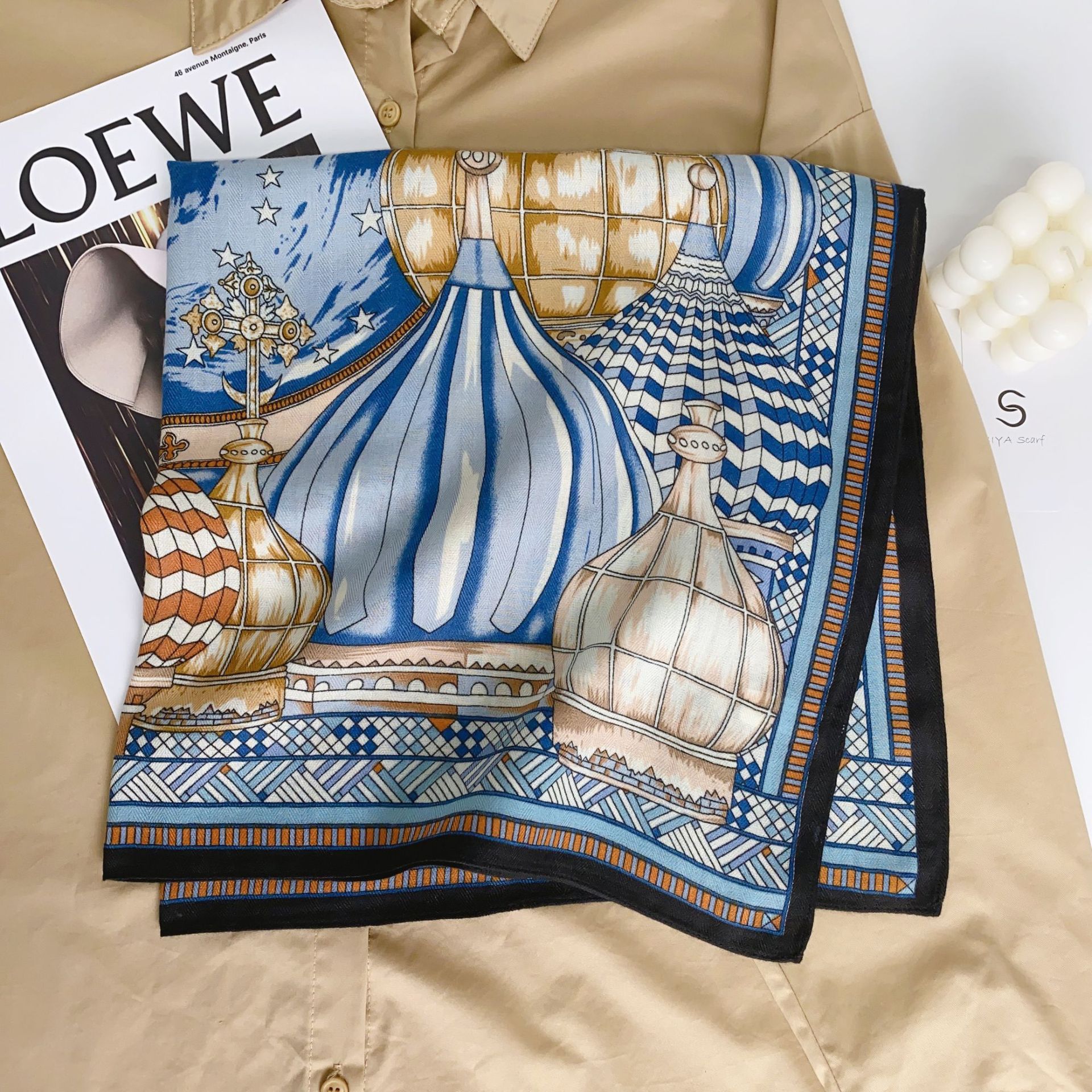 Nicho francés Blue Castle bufanda mujer nueva protección solar patrón de espiga pequeña bufanda cuadrada suave algodón y lino sensación pequeño chaleco