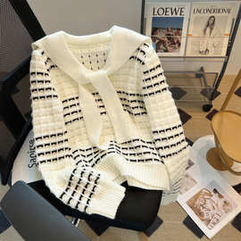 欧货慵懒风专柜撤回大牌春秋条纹披肩绑带外穿长袖针织衫上衣女潮