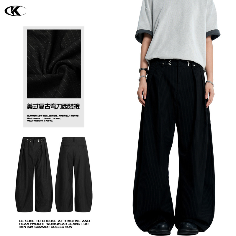 11Kn American-Style Black Striped Trousers for Men and Women, Scimitar Silhouette, Vintage Style, Drapey, Three-Dimensional, Slimming, Casual Wide-Leg Pants 11Kn American-Style Black Striped Trousers for Men and Women, Scimitar Silhouette, Vintage Style, Drapey, Three-Dimensional, Slimming, Casual Wide-Leg Pants