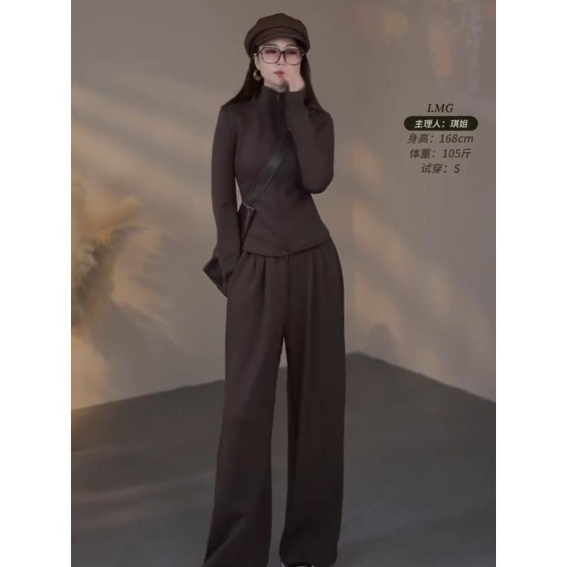 高级感时尚休闲套装女2025秋季设计感立领双拉链上衣阔腿裤两件套|undefined