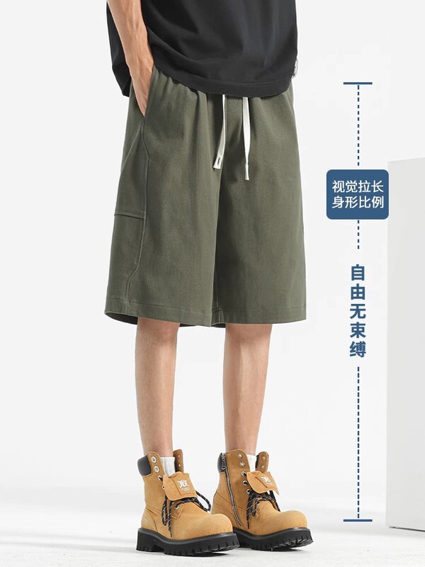 メンズショートパンツ、夏用アウターウェア、薄手の純綿バスケットボールパンツ、ミッドパンツ、ルーズビーチパンツ、ワークウェア、カジュアルパンツ|undefined