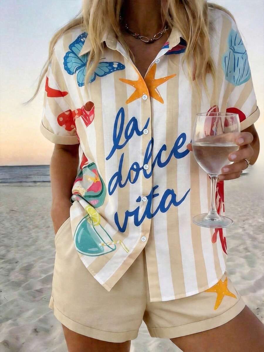 Conjunto de camisa e calções em linho floral para mulher_voghion.com