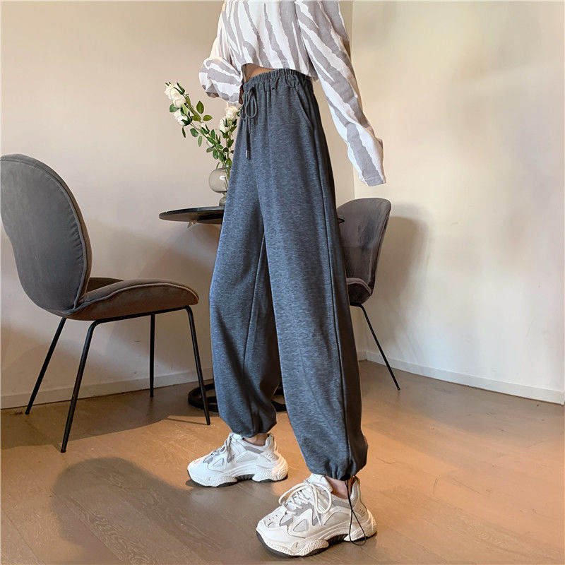高腰九分裤长度通勤韩版灰色束脚卫裤女抽绳运动裤百搭宽松裤子女