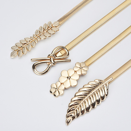 Metal elastic elastic golden leaf belt for women with thin decorative spring and dress waist chain flower accessories belt