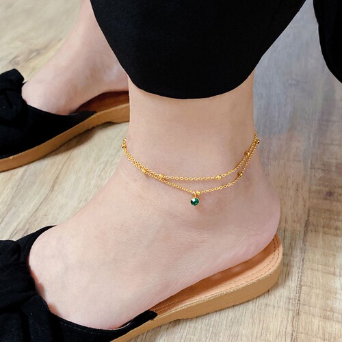  new high-end green diamond anklet for women Internet celebrity niche design 18K gold titanium steel sexy double layer anklet