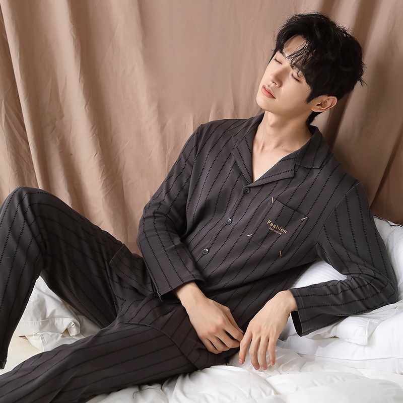 엄선된 순면 남성용 파자마, 봄, 가을 긴팔 바지, 캐주얼 남성 홈웨어, 가디건 라펠 슈트, 가을, 겨울