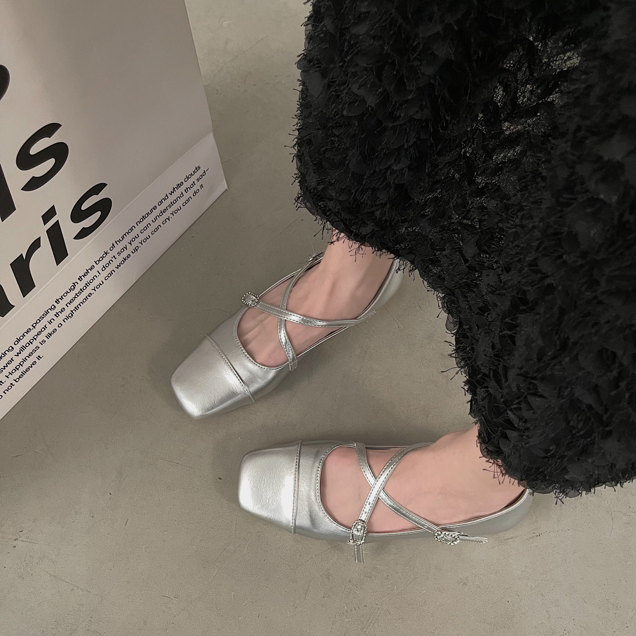 Silver Ballet Leather Shoes French Mary Jane Shoes Square Toe Low Heel Single Shoes Women's Spring and Autumn Evening Shoes Wholesale Dropshipping