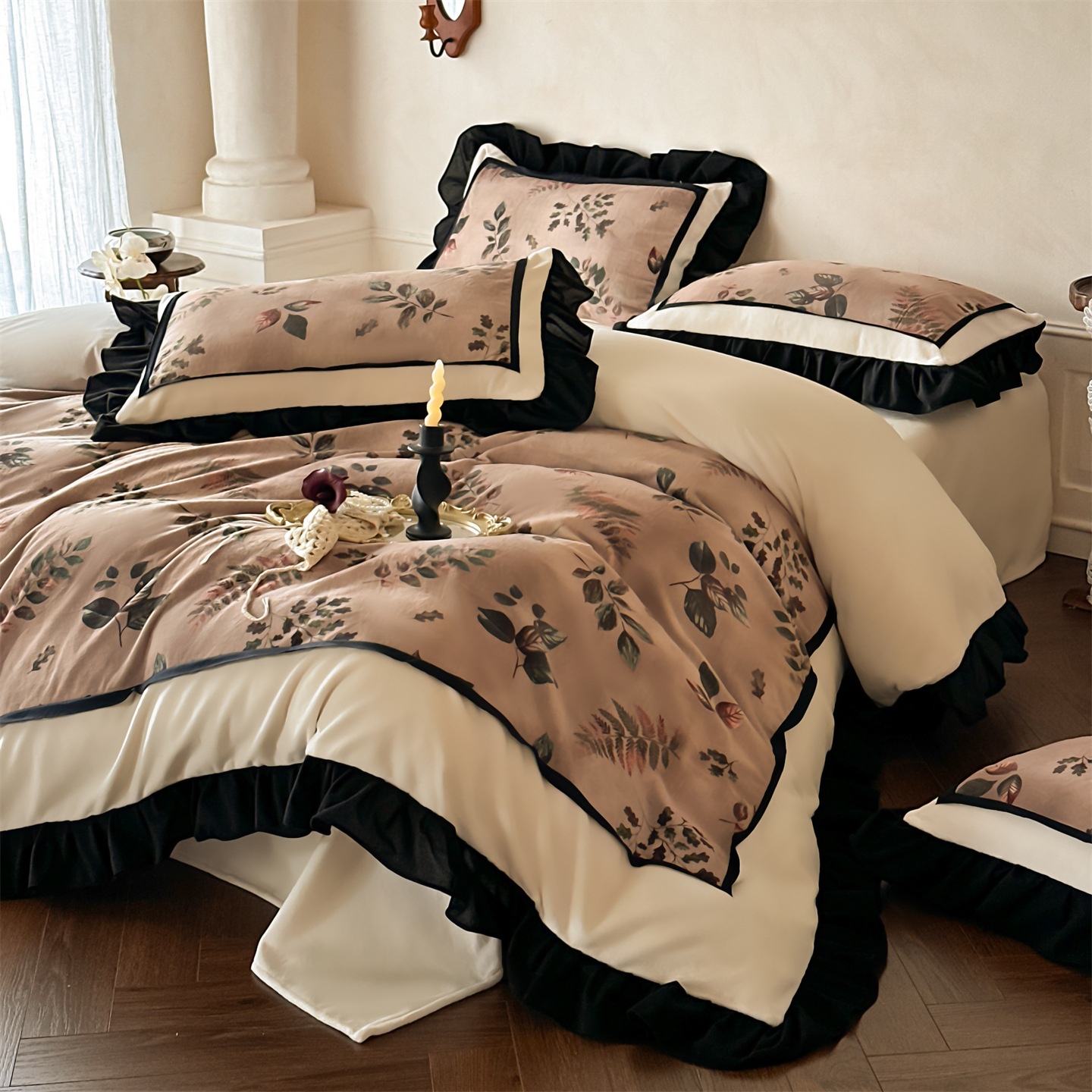 Conjunto de cama vintage nórdico francês boho clássico outono inverno veludo grosso e quente cor leite renda francesa quatro peças com lençol e edredom_voghion.com