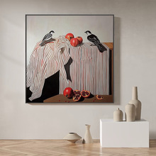 新中式写实静物油画 客厅餐厅装饰画 石榴喜鹊艺术挂画