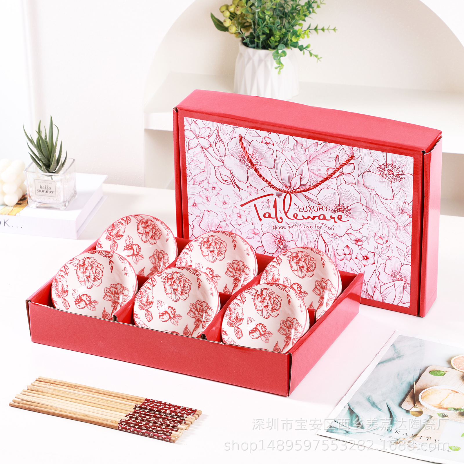 Regalo bohemio tazón de cerámica y palillos traje al por mayor tazón y plato traje hogar tazón de arroz vajilla conjunto tazón caja de regalo traje