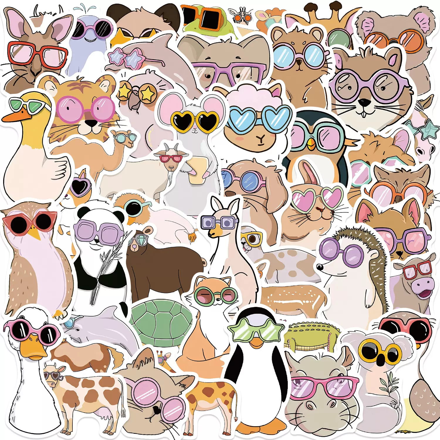 50张可爱动物眼镜贴纸装饰手机DIY手账本水杯防水PVC跨境卡通贴纸