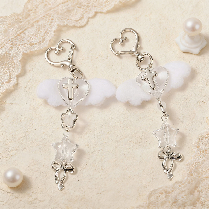 Stuffed Wings Silver Cross Hanging Chain Simple White Design Heart Keychain Wings Star Bow