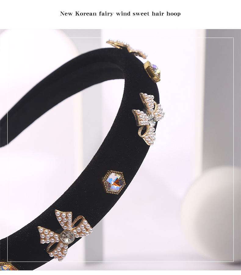 Fashion Bow Knot Cloth Inlay Rhinestones Pearl Hair Band 1 Piecepicture3
