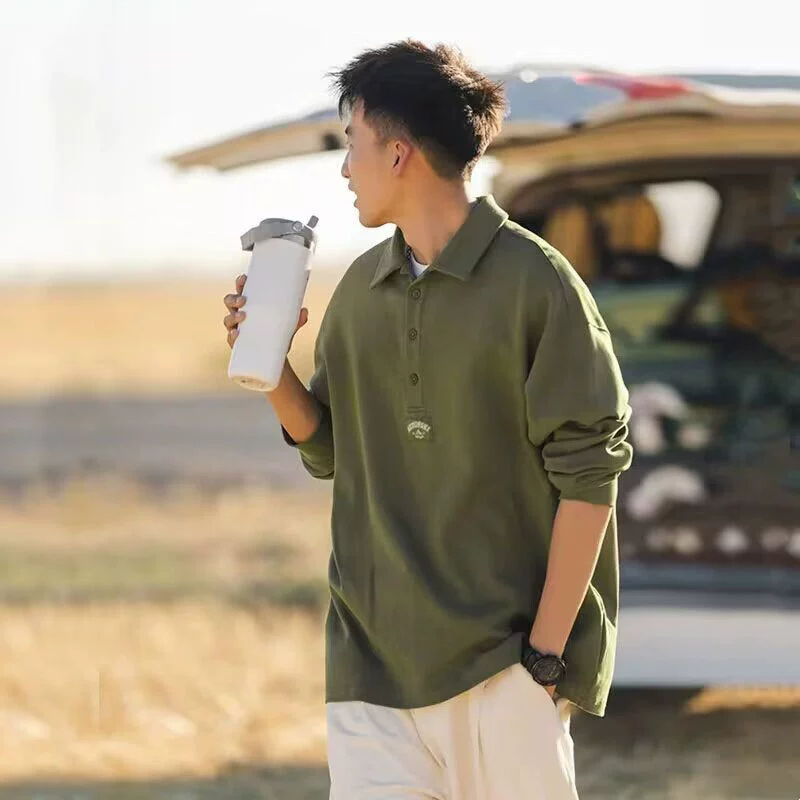 Вязаная рубашка-поло в Корейском стиле с вертикальной полоской, свитер, Мужская весенне-осенняя новая футболка с лацканами, футболка с длинным рукавом, Топ