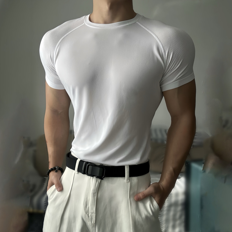 サマースポーツシームレスジャカード袖口半袖無地速乾トレーニングフィットネスストレッチスリムトップTシャツ男性用|undefined