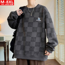 春秋港风潮男装印花格子圆领针织卫衣胖大码加肥宽松运动休闲上衣