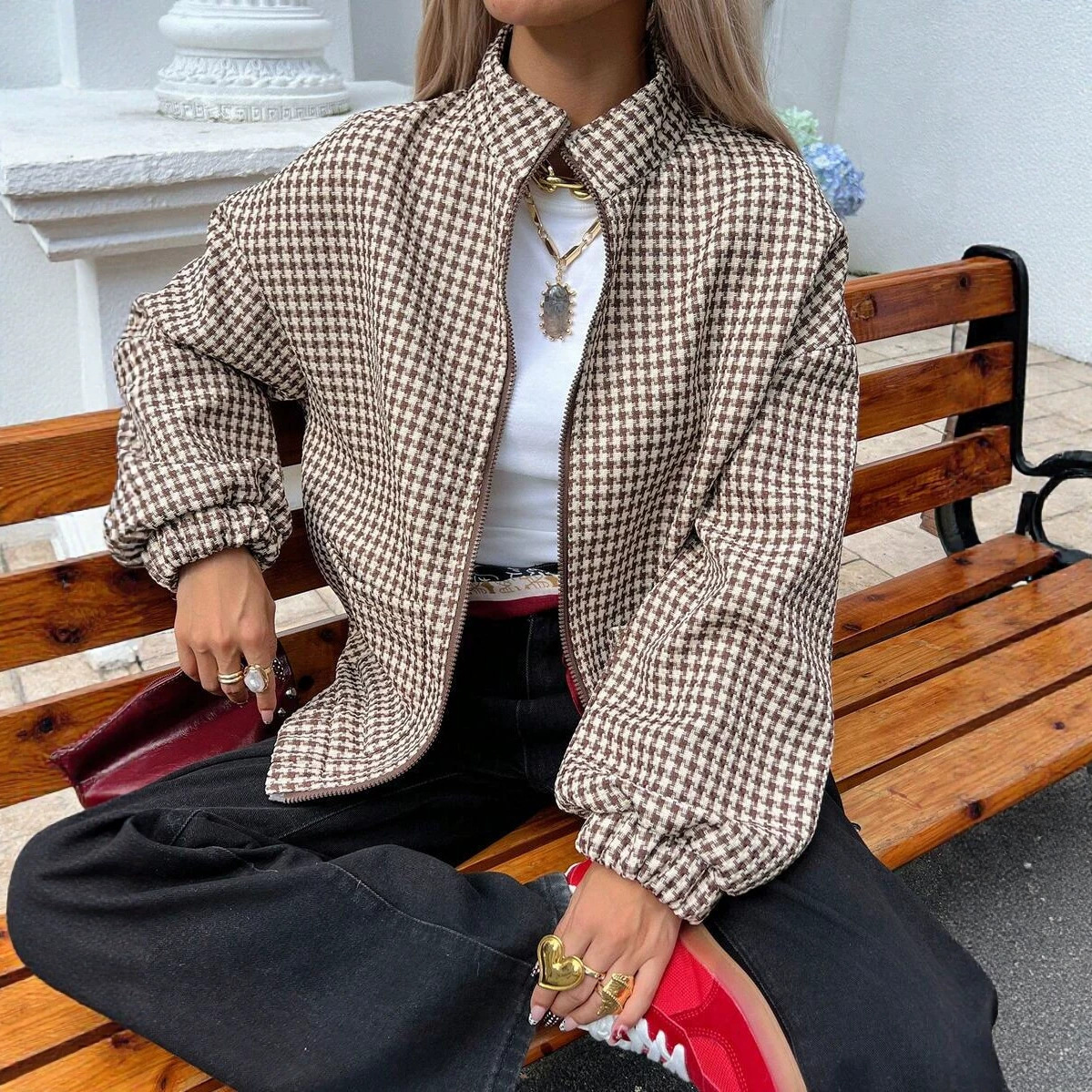 Amazon Temu Houndstooth Coat for Women, Loose-Fitting Drop-Shoulder Stand-Collar Jacket for Women, Autumn