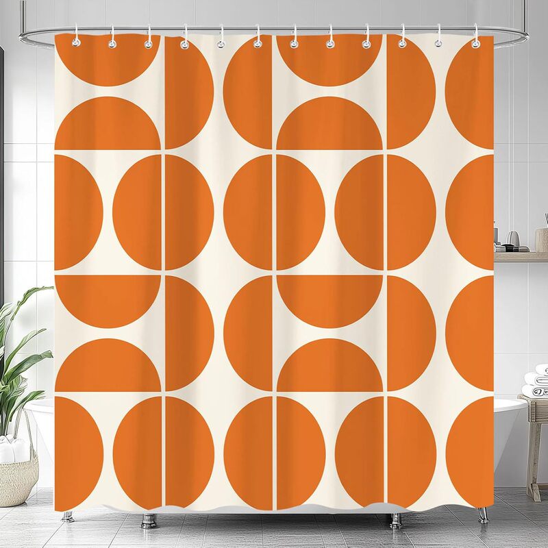 Orange Medieval Modern Shower Curtain, Bohemian Abstract Geometric Retro Art Bathroom Shower Curtain, Colorful and Unique