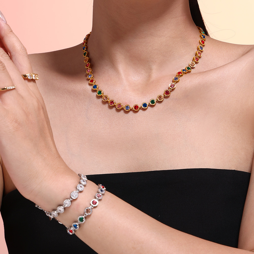 New European and American style fashionable colored zircon necklace for women, high-end temperament, exquisite and luxurious, colorfast titanium steel clavicle chain