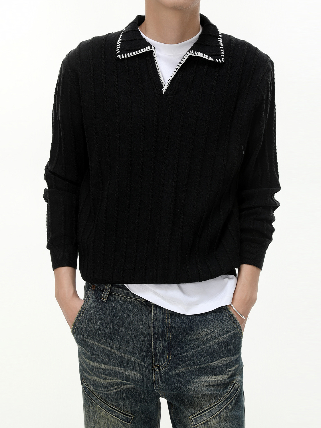 MTLCLOTHES Hombres| Texturas viejas franjas de estilo de dinero, diseño de contraste de color, collar, camiseta de punto casual, moda