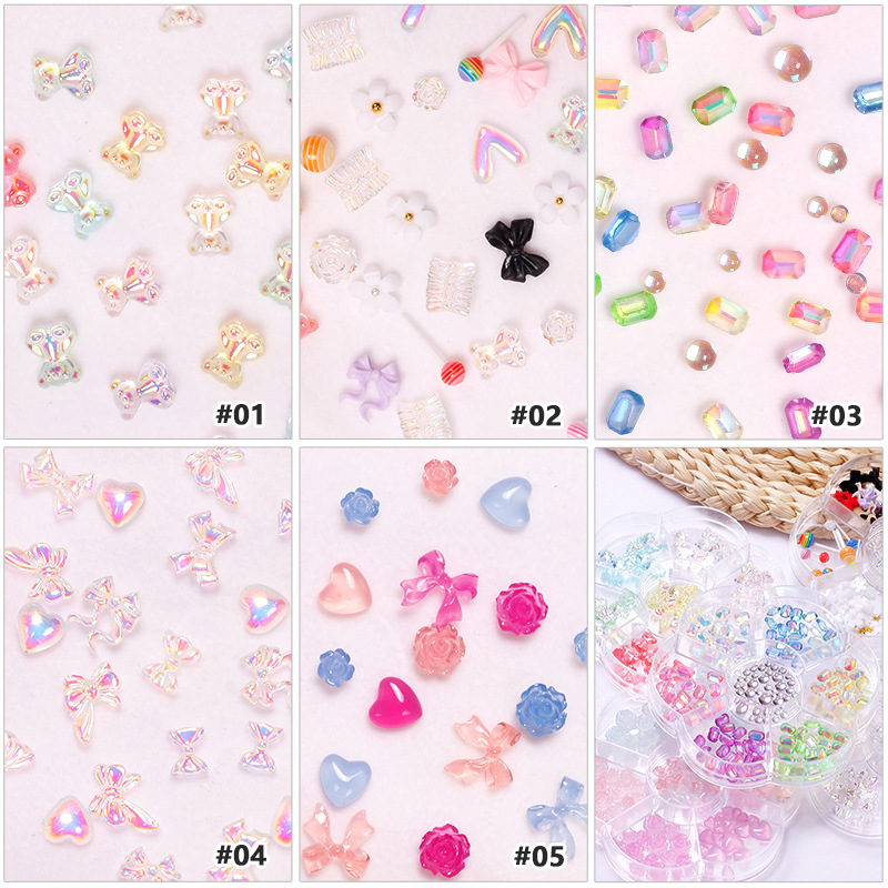 Joyas de manicura arco aurora oso mariposa diamante de sirena perlas mezcladas 7 caja de accesorios de taladro de uñas