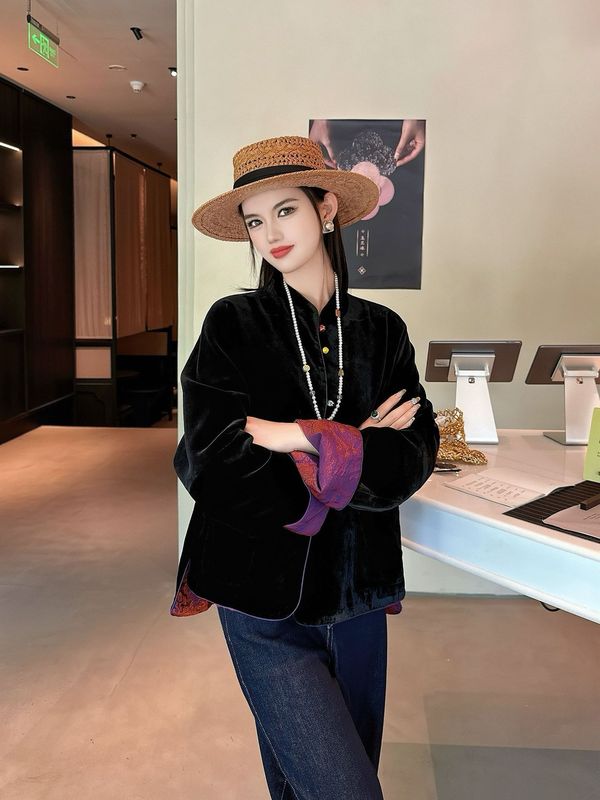 早秋新中式真丝丝绒拼接篙档流光缎面双面两穿国风上衣盘扣外套女|undefined