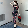 Retro sexy short sleeved hollowed out printed split cheongsam dress
