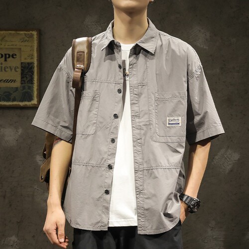 American retro new large size fat guy work shirt, men's short-sleeved loose summer high-end half-sleeved fat guy cross-border