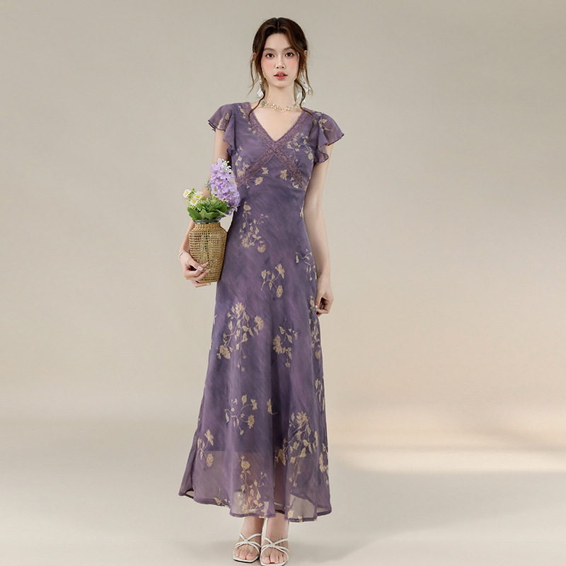 Purple 2026 Summer Hot-Selling French-Style Gentle and Elegant Lace-Trimmed Georgette Printed Long Waist-Cinching Slimming Dress