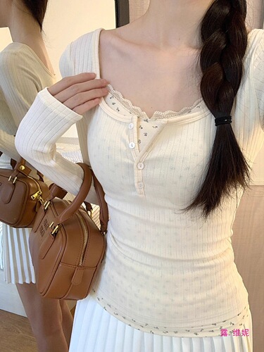 Apricot Short Floral Fake Two-Piece Long-Sleeve Women's T-Shirt for Spring and Summer, Slim-Fit Inner Layer, Sexy and Alluring Base Top That Makes You Look Slimmer.
