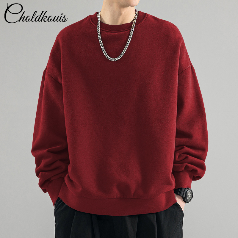 버건디 라운드넥 스웨트셔츠 레귤러 스타일 - 솔리드 컬러 [GL]