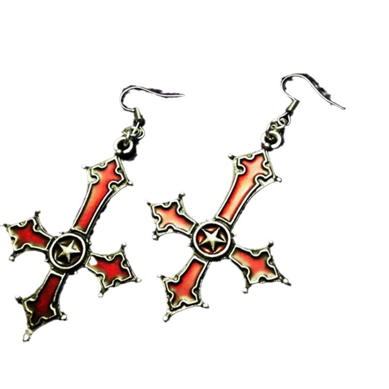 Кольцо-серьги Cross Dark Red Gothic, сплав с красной эмалью и rhinestone-звездой, 13×13 см
