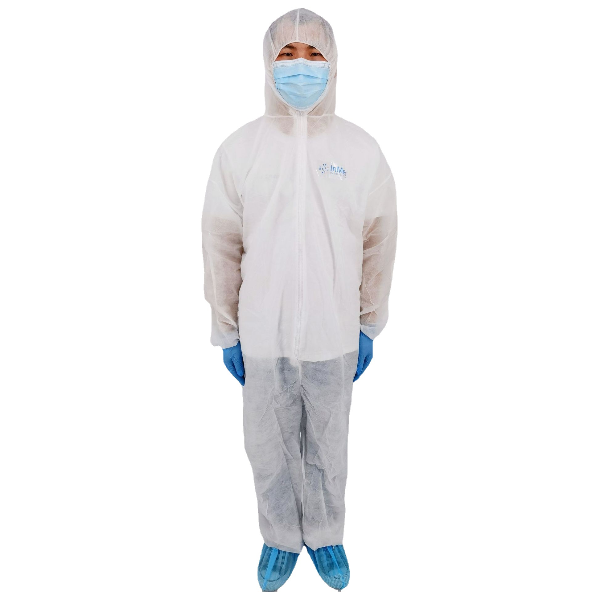 白名单工厂现货供应SBPP无纺布防护服CE/ISO一次性防尘连体隔离衣