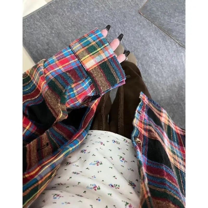 美式复古蓝色格子衬衫外套女2025秋季新款别致宽松休闲防晒衬衣潮|undefined