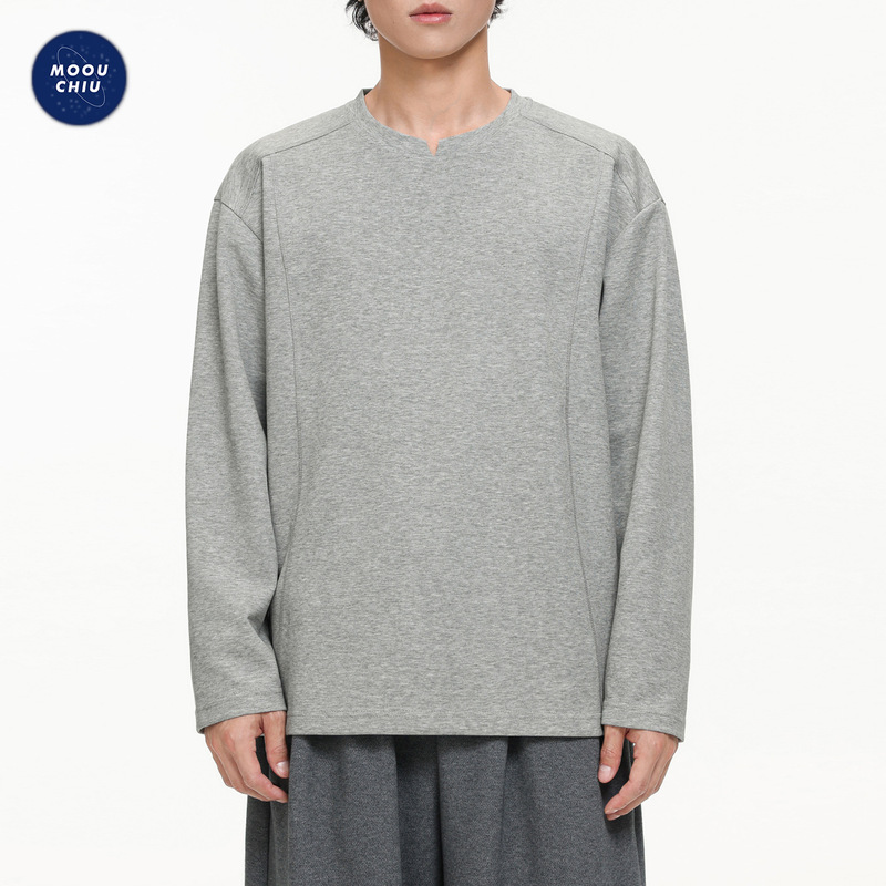 Muqiu Men's Clothing | 260G Heavyweight American Style Small V-Neck Long Sleeve T-Shirt for Men, Loose Fit, Patchwork Base Shirt