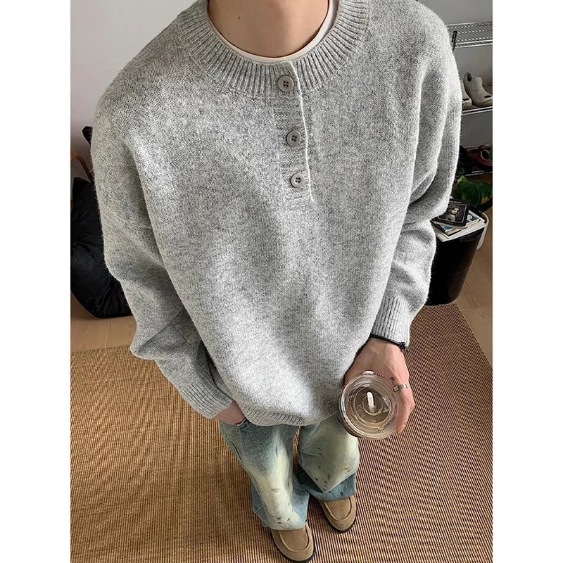 Gray American Retro Henley Collar Knitwear Men's Autumn and Winter Lazy Style High-End Knitwear Cleanfit Jacket