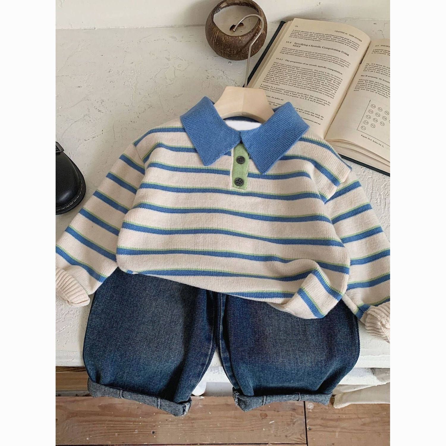 Children's spring sweater, boys' striped polo shirt, Korean style children's clothing pullover knit top, baby spring clothes