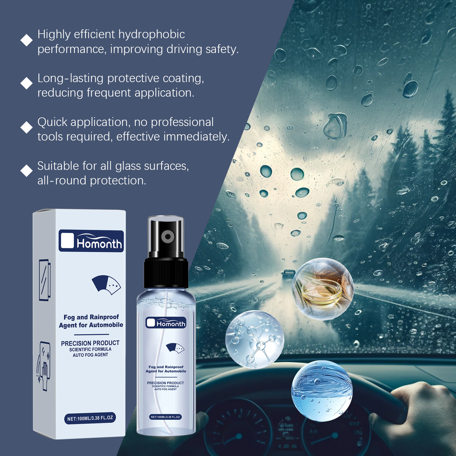 Homonth Car Glass Anti-Fog and Rain-Proof Agent, Car Window Anti-Rain and Waterproof Cleaning Spray for Car Glass