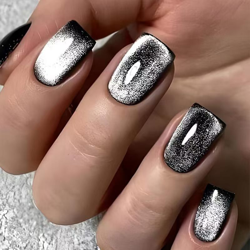 Cross-Border Exclusive Supply of 30-Piece Boxed Daily Use Pure Black Cat-Eye Style High-End Whitening Wearable Fake Nail Stickers Wholesale