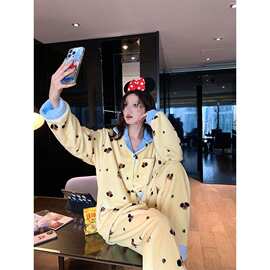 撞色小狗珊瑚绒睡衣女秋冬加厚可外穿家居服套装