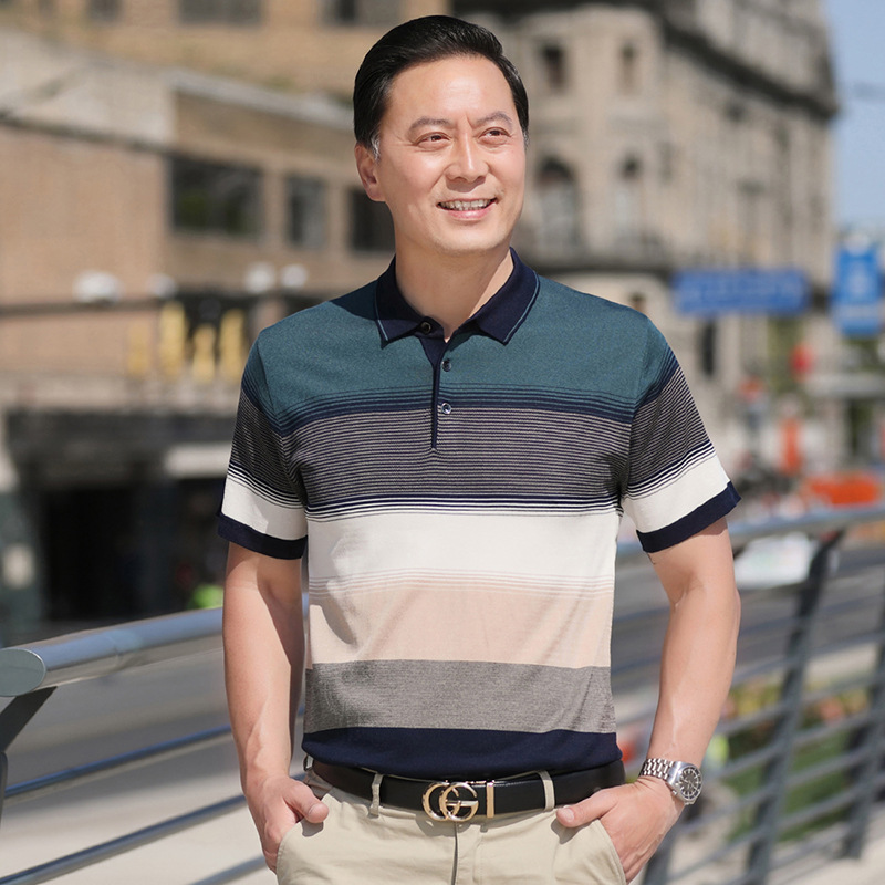 Camiseta de manga corta de seda de hielo de verano de papá camiseta de solapa de hombre de mediana edad suelta camisa de fondo de hombre de mediana edad y anciano