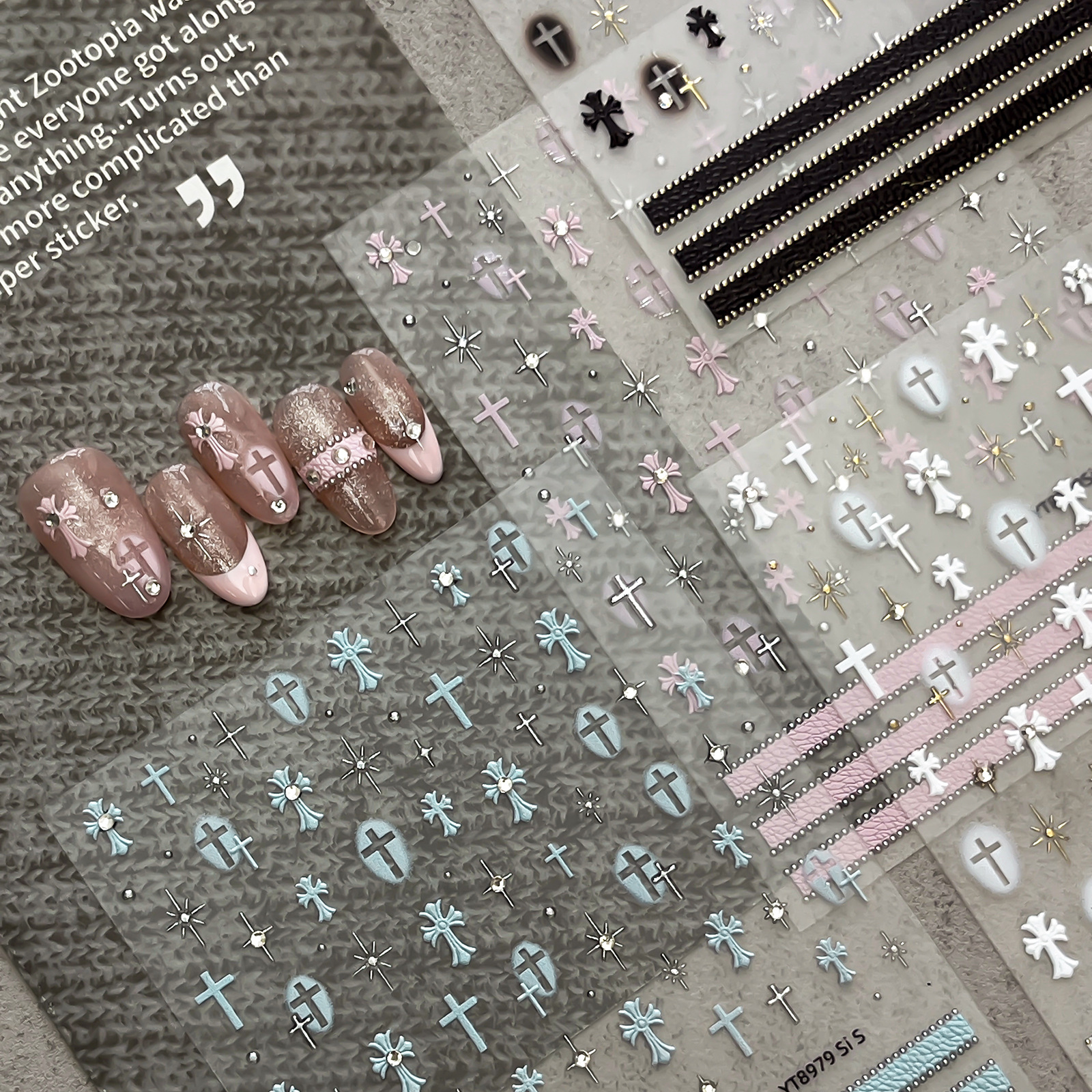 Macaron nail art stickers three-dimensional carved cross metal thin…