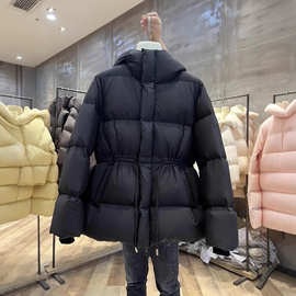 欧货重工黑色中长款收腰羽绒棉服女冬季2023新款设计感厚棉服外套