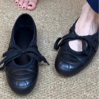 羊皮版~韩版百搭圆头芭蕾系带单鞋女浅口蝴蝶结休闲平底玛丽珍鞋