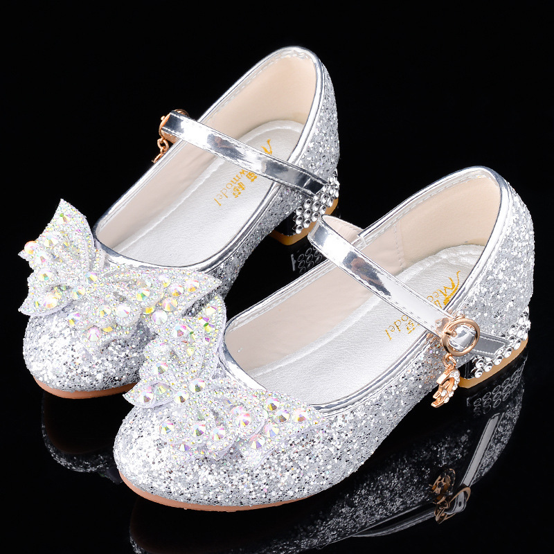 Children's High Heels Crystal Shoes Spring and Autumn Girls' Princess Shoes Piano Watch Performance Leather Shoes Show Dress Silver Shoes