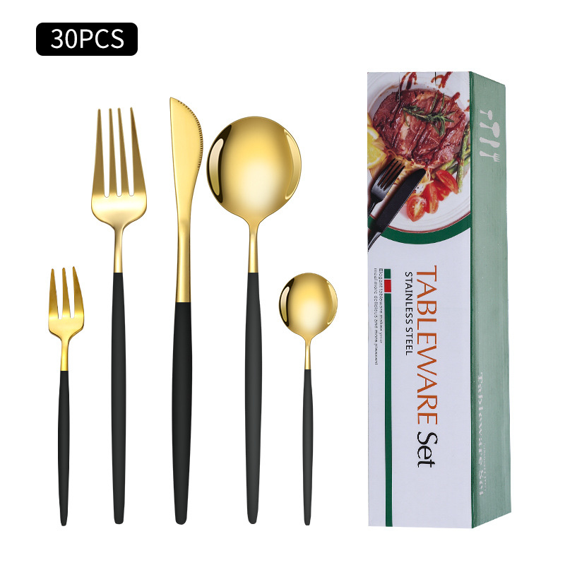 Cruz-Frontera de acero inoxidable vajilla portugués cuchillo y tenedor conjunto de 30 piezas de comida occidental cuchillo de filete de oro y cuchara de la caja de regalo
